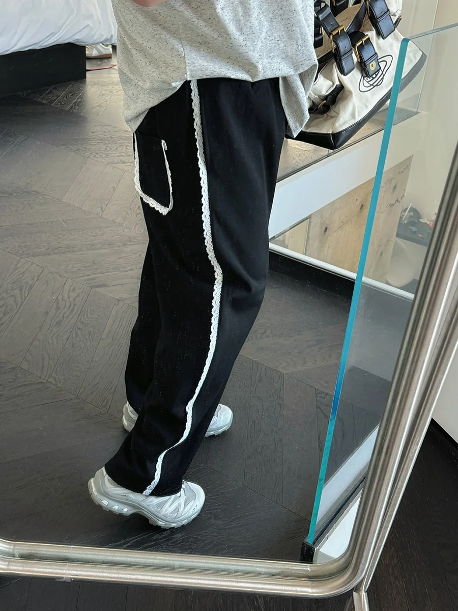 

Женские спортивные брюки Sweet Sle больших размеров, свободного кроя, с кружевными вставками, утягивающий дизайн, весна-лето, из смесового хлопка