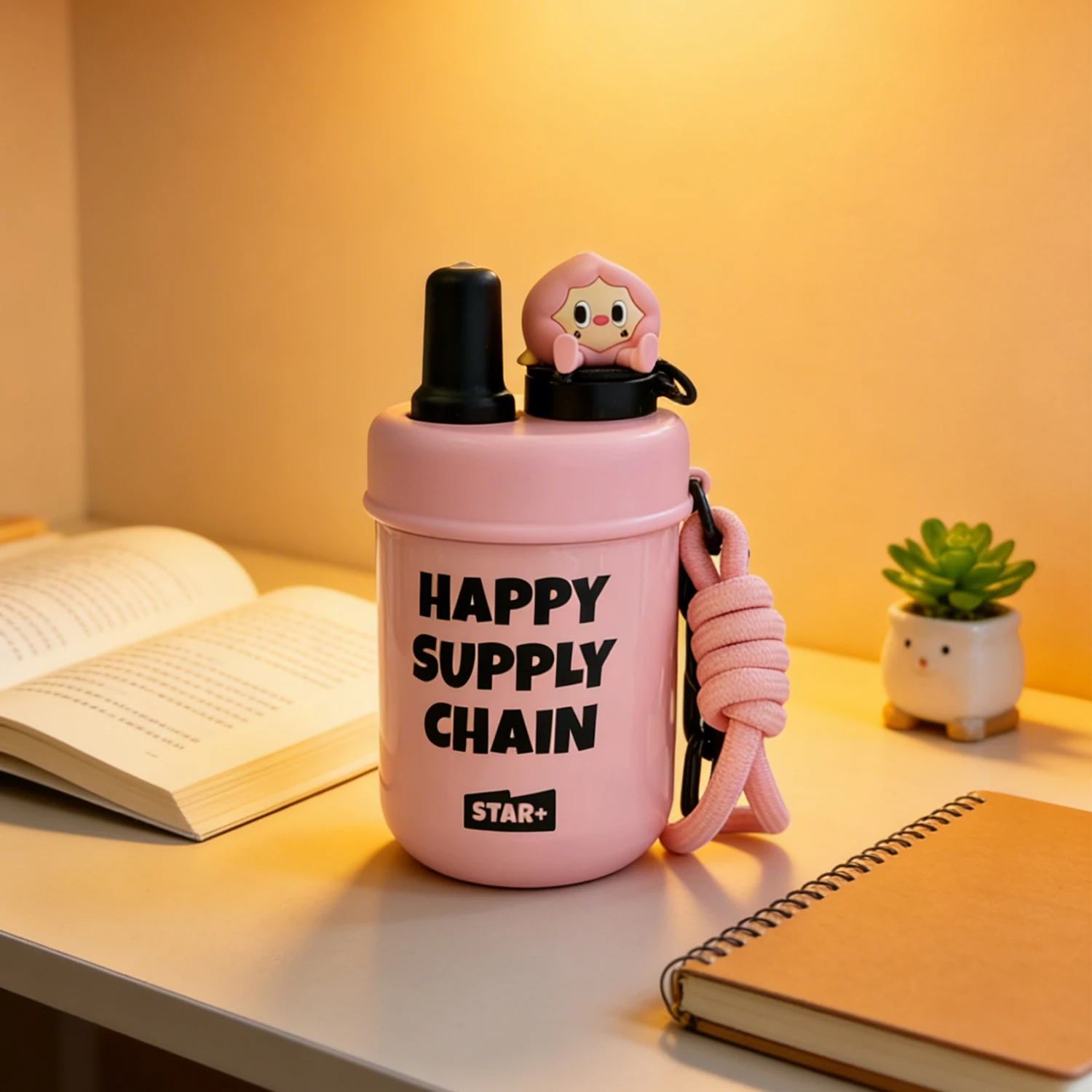 

Cute Cartoon Character Water Bottle with Straw, Portable Leakproof Plastic Water Cup with Lanyard, Kawaii Travel Drinking Bottle