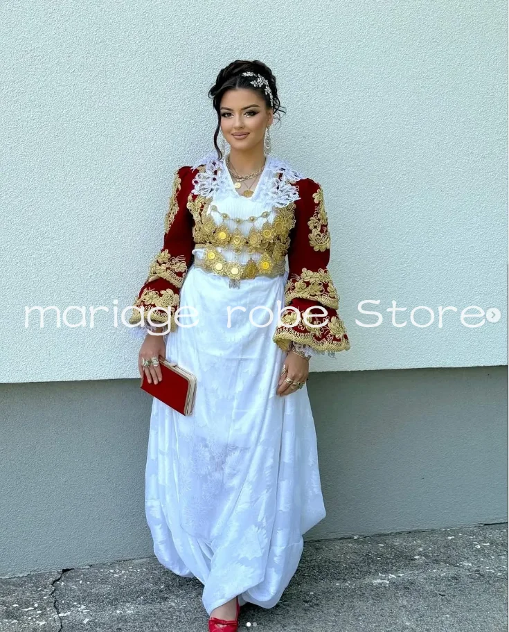 فساتين سهرة رسمية باللون الأبيض العنابي على شكل حرف a سترة مخملية مزينة بالذهب فستان حفلات ألباني كوسوفا مخصص