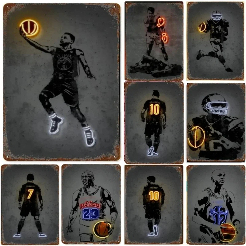 Basketball Players metal sign Painting Neon Effect Sports Star Posters Football Wall For Room Home Decor