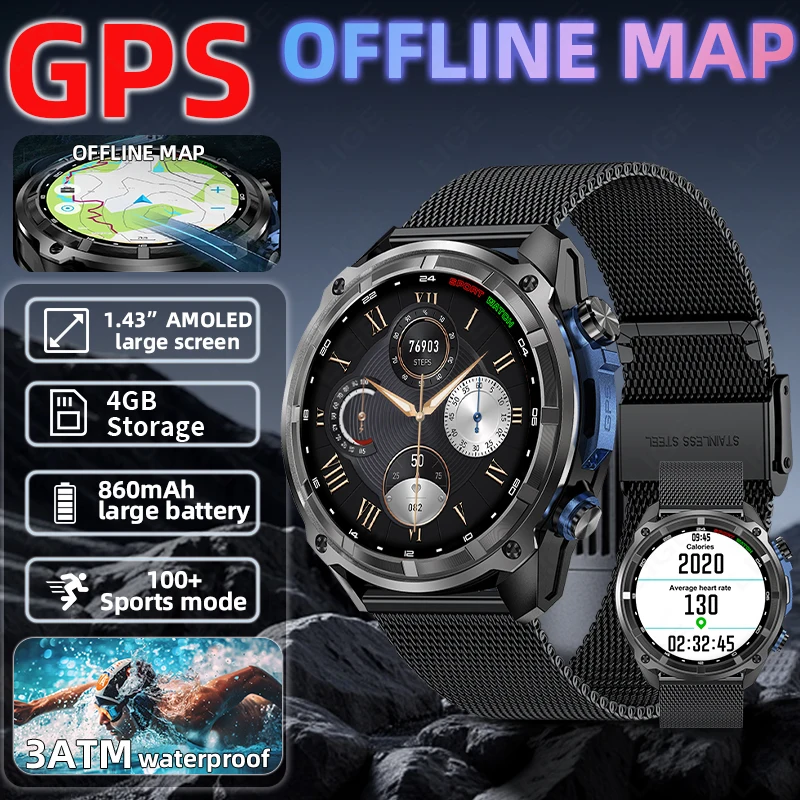

2026 New GPS SmartWatch Offline Maps 4GB Memory Video Player Military Sports Smart bracelet Men 50m Swimming Waterproof Sapphir