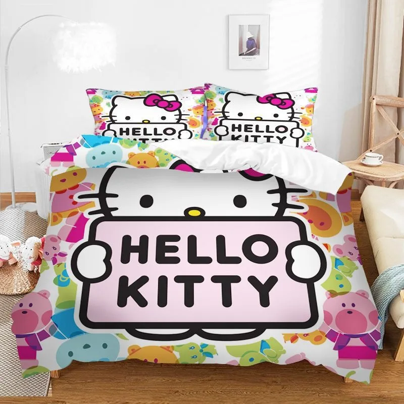 Cartoon Hello Kitty Pattern Print Bedding Comforter Quilt Bed Cover Duvet Cover Pillow Case 2-3 Pieces Sets Kids Adult Size