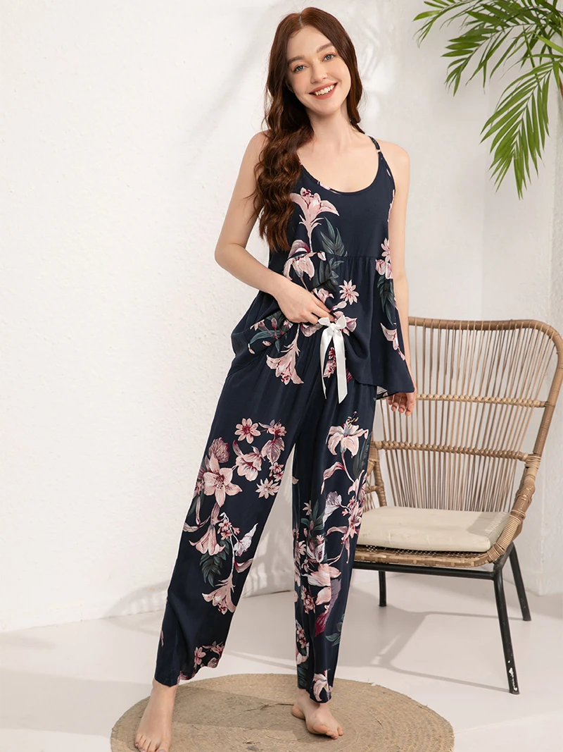 

Women's Pajamas Set 2 Pieces 100% Viscose Plus Size S-3XL Home Pijima Loose Set Sleepwear Printed Comfortable Female Pijima Cami
