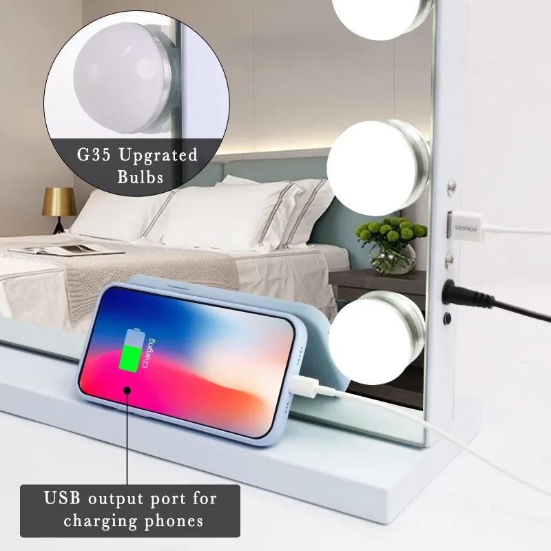 Hollywood Vanity Makeup Mirror 31.49''×22.83'' USB Port With Lights 18 LED Bulbs Wall Mount 3 Color Smart Control