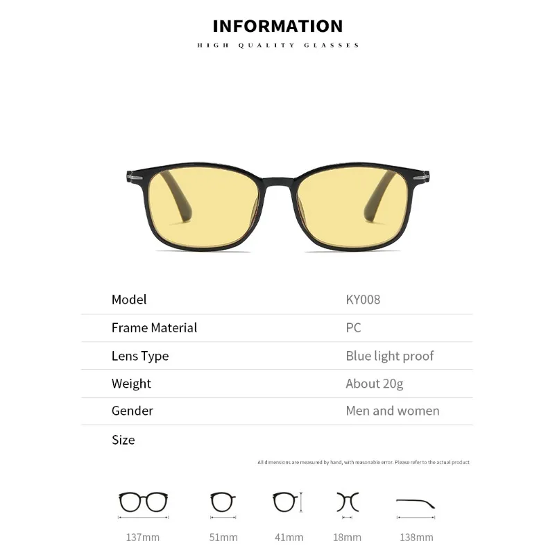 2026 Retro Gelbe Gläser Lesebrille für Damen Klassische Eckige Fassung Weitsichtbrille Vintage Sportbrille Nachtsichtbrille – Detail 6