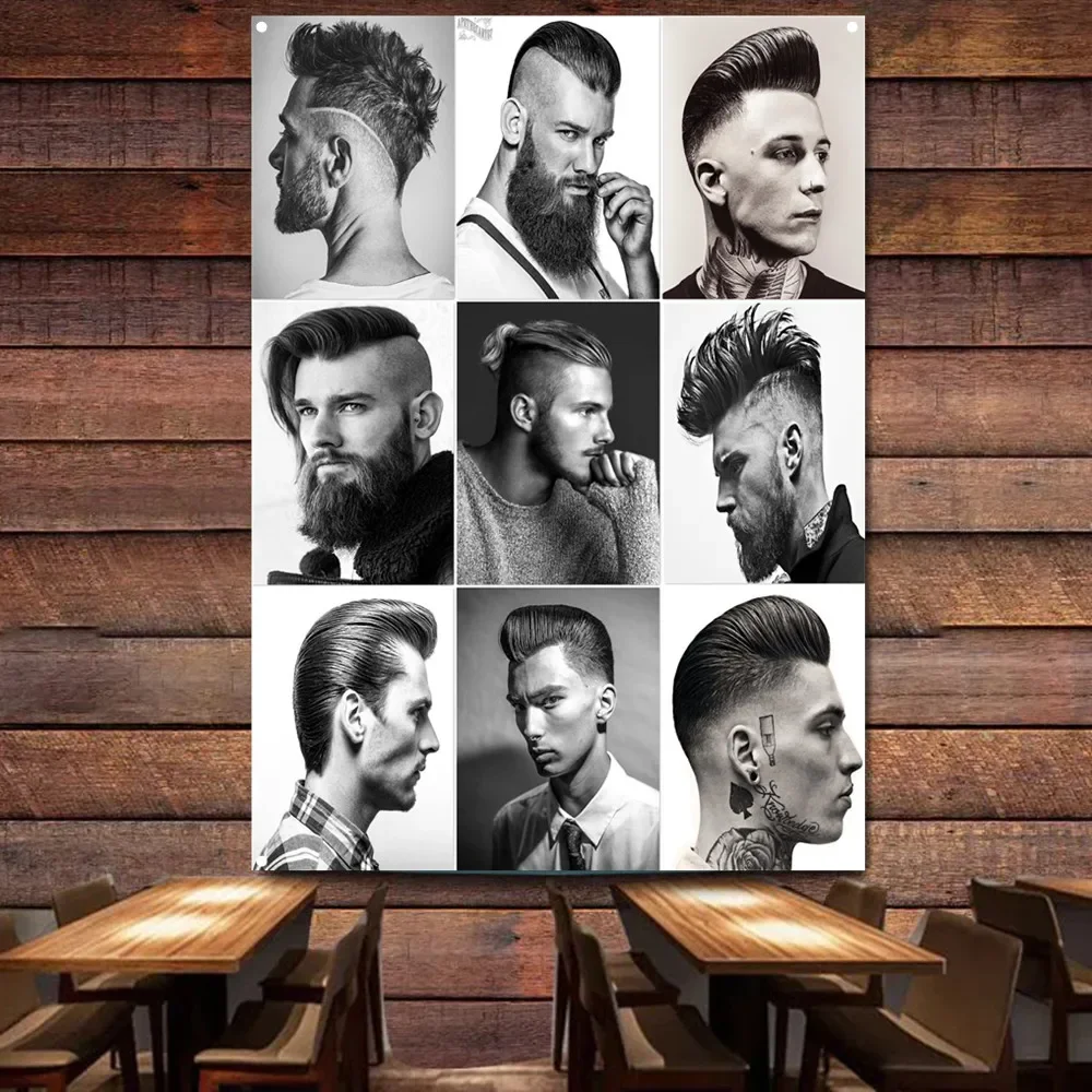 

New Popular Men's Hairstyle Poster Wall Charts Vintage Barber Shop Wall Decor Banner Flag Haircut and Shave Service Signboard