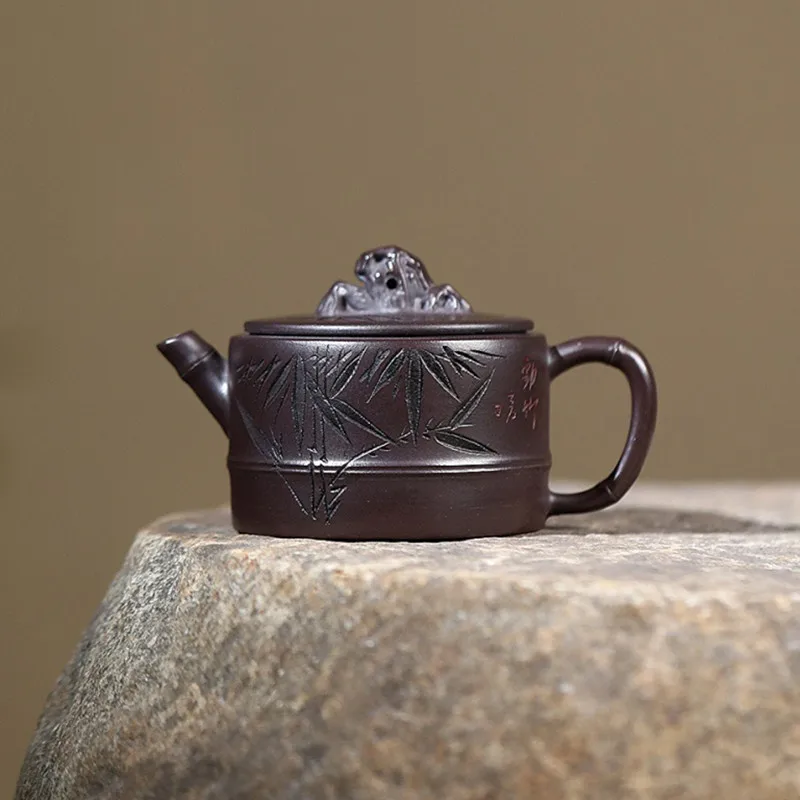 

Yixing Purple Clay Teapot Hand-carved Bamboo Leaf Tea Pot Handmade Beauty Kettle Household Chinese Zisha Tea Set Teaware 140ml