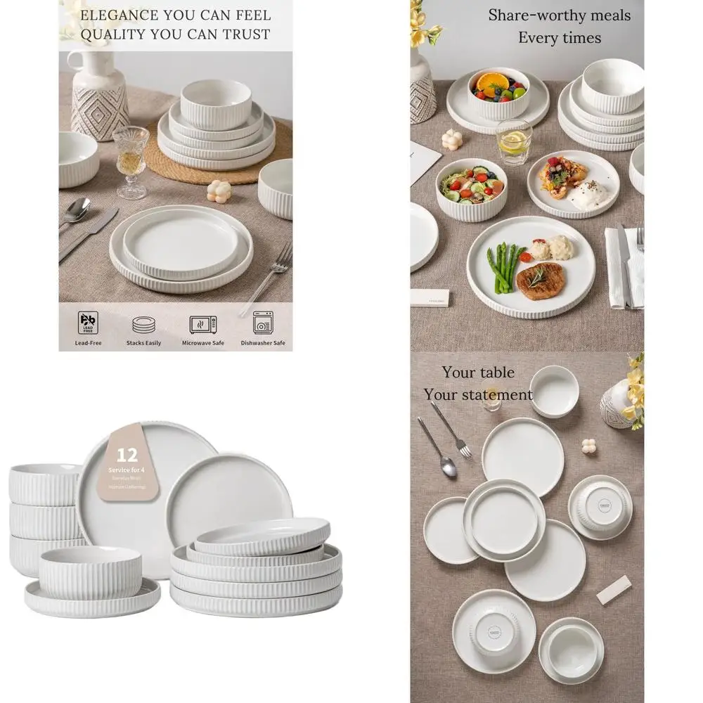 

12-Piece Stoneware Dinnerware Set with Reactive Glaze, Safe for Microwave, Service for 4