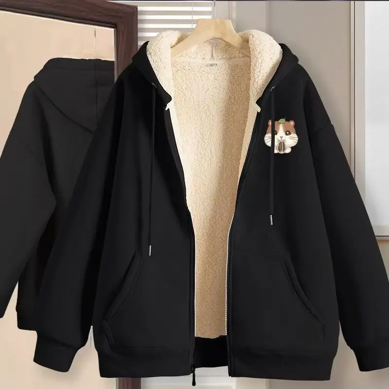 Brown Cardigan Cashmere Sweater 2024 Autumn And Winter New Fashion Explosions Plus Velvet Padded Coat Loose Hooded Cotton Jacket