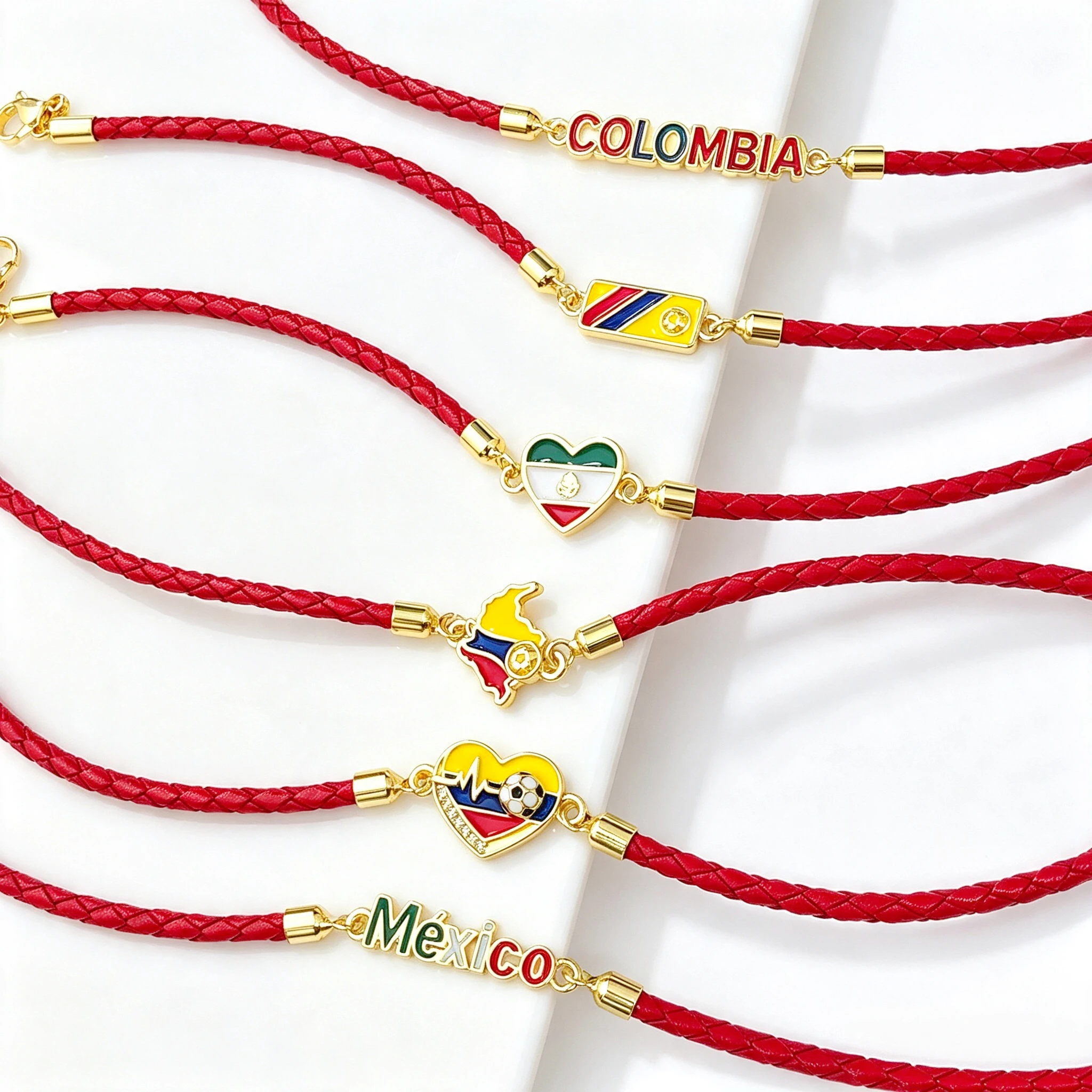 Red Leather Rope Braided Mexico Colombia Venezuela Map Flag Enamel Bracelet Patriotic Jewelry Gift For Latin American Unisex