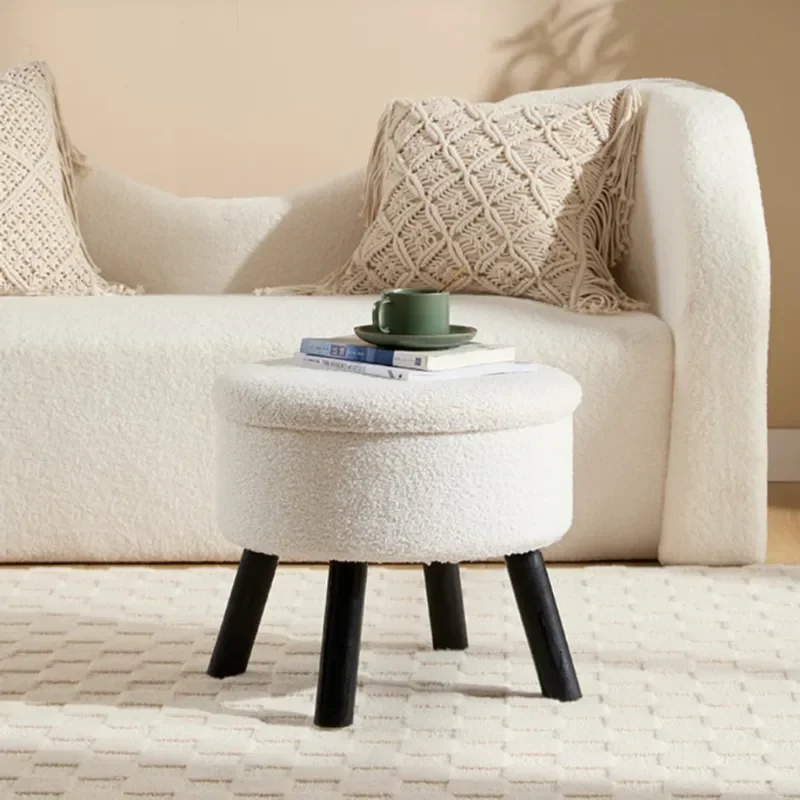 Modern Simple Cream Wind Stool Lamb Wool Entryway Shoe Change Bench with Storage Living Room Sofa Footrest Pedal Chair