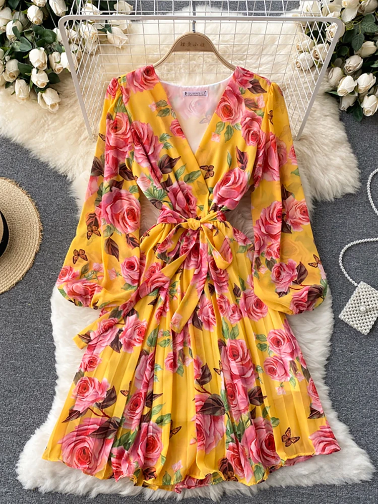 Autumn Women Floral Draped Mini Dress Bohemian Female V-Neck Puff Long Sleeve High Waist Bandage Pleated Vestido Female Robe New