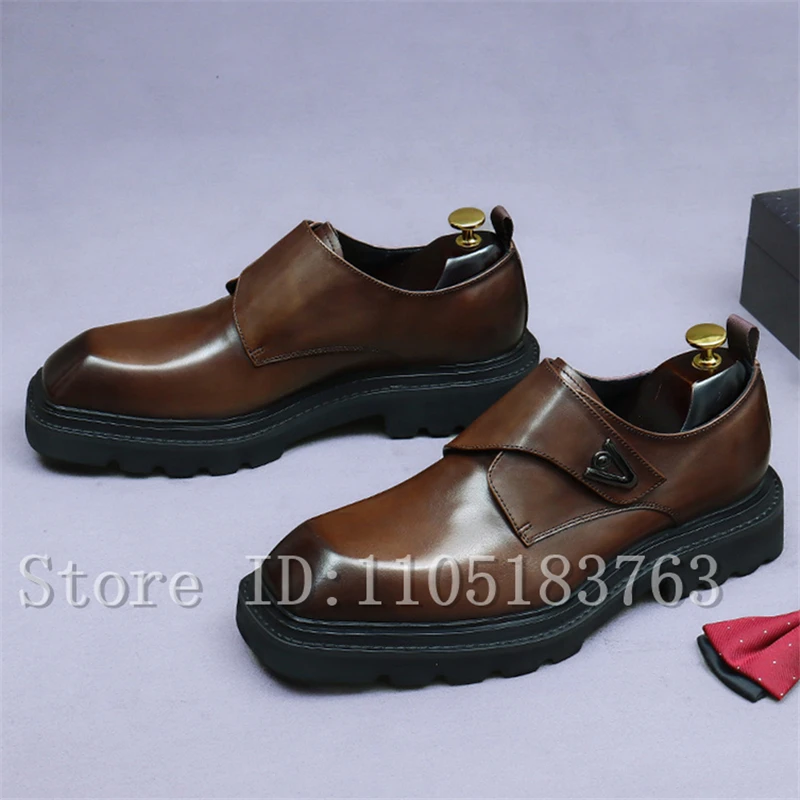 

Cowhide Thick Soled Men Business Shoes Square Toe Metal Buckle Genuine Leather Height Increasing Wedding Party Dress Shoes