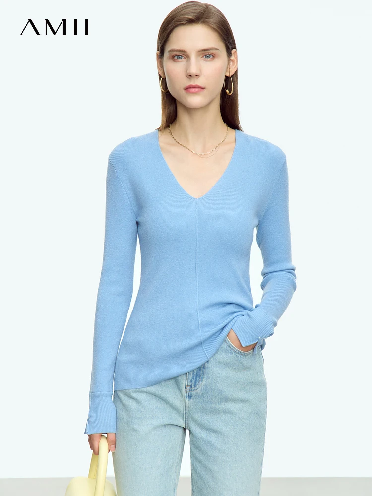 AMII Minimalism Women's Sweater 2023 Autumn New Thin Commuter Slim Deep V-neck Long Sleeve All-match Female Pullover 12363010