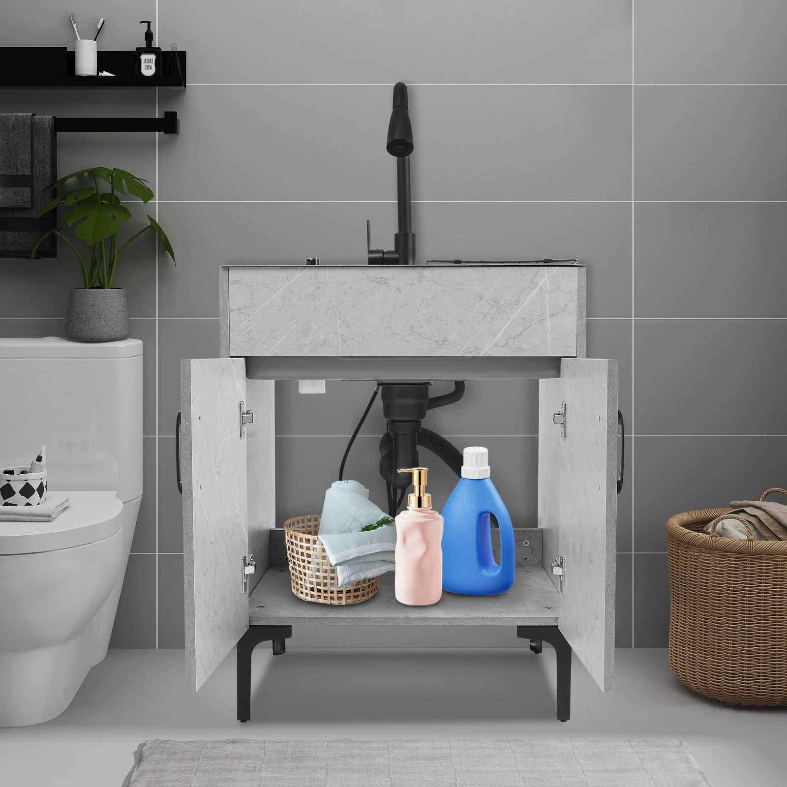 Mobiletto lavello 60*45 cm con lavabo, rubinetto e cestello di scarico Set completo per proprietari di case e appaltatori per cucina e bagno Grigio chiaro