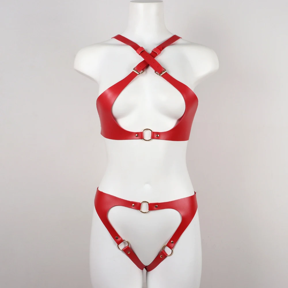 2PCS Red Sexy Women\'s Leather Harness Bra Adjustable Punk Bra Cross Bondage Corset Strap Body Bondage Strap Belt Suit Set