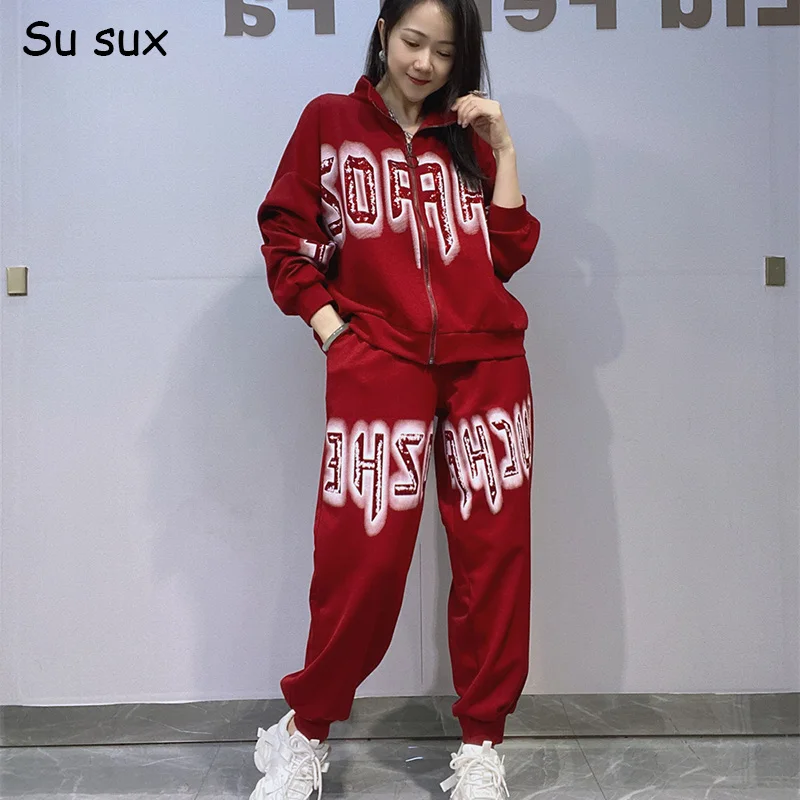 

Letter Print Bat Sleeve Zipper Sweatershirt 2 Pieces Set For Woman Casual Pant Sets 2025 Autumn Y2k Clothes Korean Fashion Track