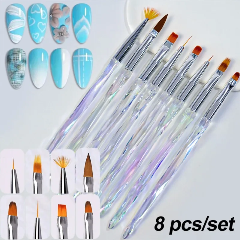 8pcs Aurora Holder Nail Brush Set Acrylic Powder Extension Carving Nail Brushes UV Gel Nail Polish Drawing Pen Manicure Tools TB