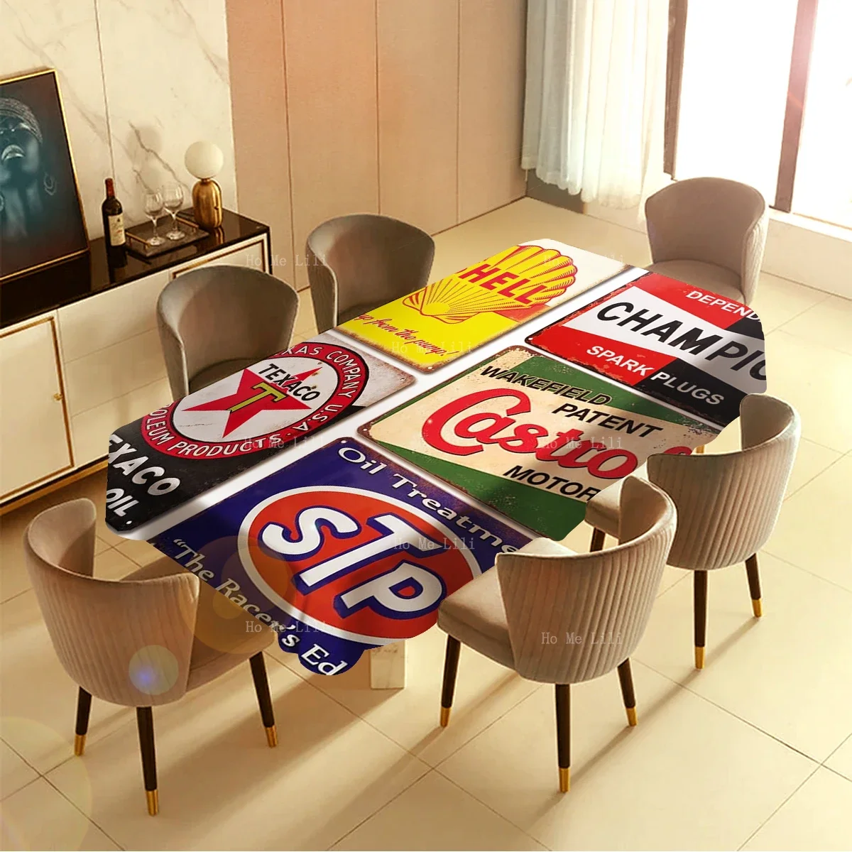 Retro Tin Signs Gas Motor Oil Gasoline Vintage Metal Sign Posters Polyester Fabric Tablecloth