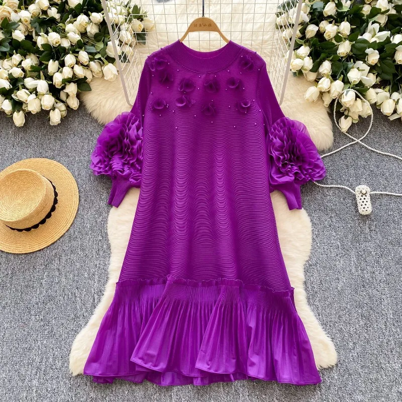 Abito plissettato Miyake da donna africana Fiore stereo Allentato di grandi dimensioni Temperamento elastico Abito lungo Medio Oriente Senza rughe