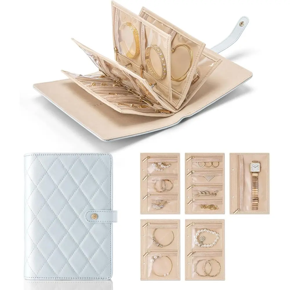 

Компактный дорожный футляр для ювелирных изделий, портативная бархатная книга для хранения с мешочком на молнии для колец, ожерелий, сережек и браслетов - синий