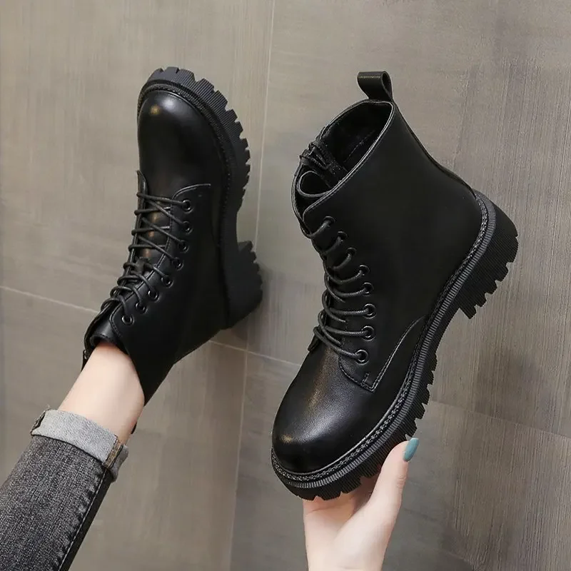 Women Boots Platform Ankle Boots Autumn Winter Shoes Genuine Leather Motorcycle 6 Boot Punk Shoes Women Booties Botas Mujer