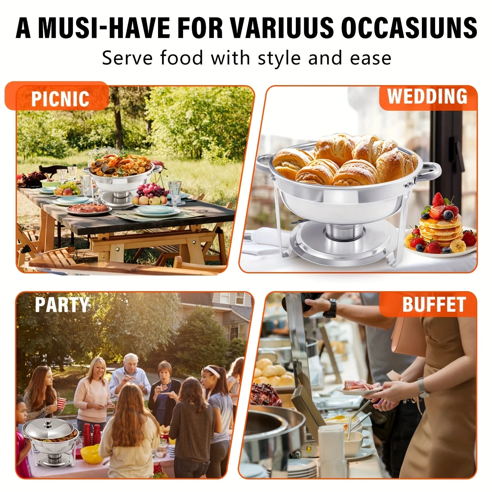 2 حزم 5-Qt الفولاذ المقاوم للصدأ طبق الغضب المستديرة بوفيه مجموعة الغذاء صواني المياه تخدم أواني حفلات الزفاف التخييم لتنظيف #6