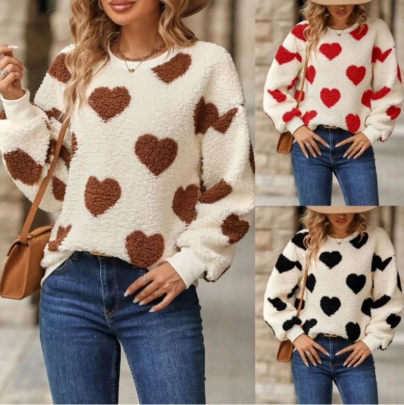 

Cute Heart Print Sweater for Women Soft Plush Pullover Loose Fit Long Sleeve Comfortable Winter Warm Top