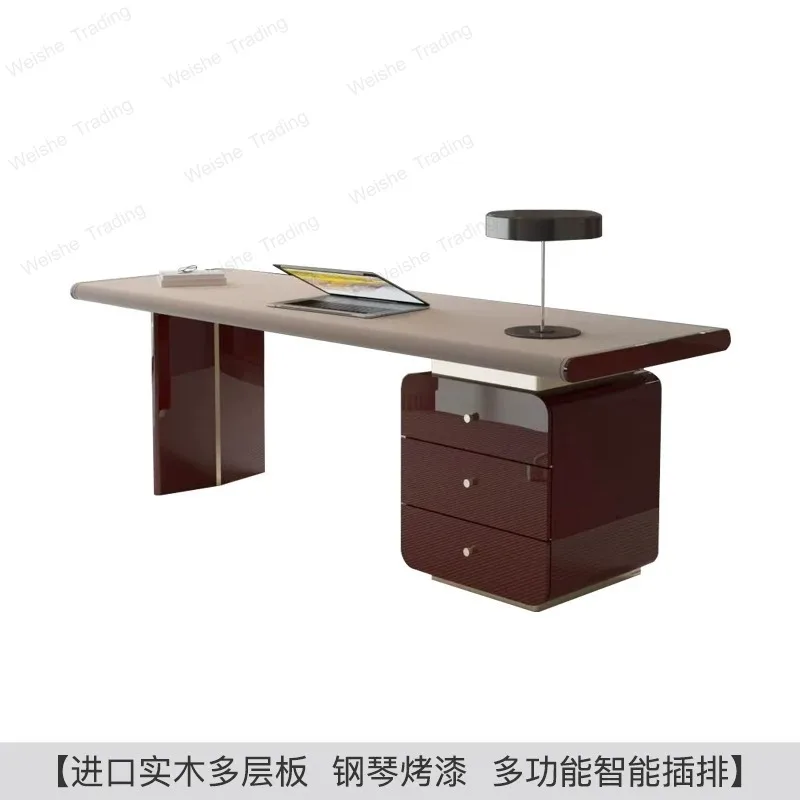 

Designer high-end highlight paint imported saddle leather veneer simple study desk