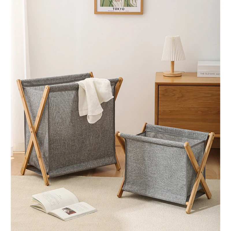 Folding Wood Laundry Hamper Cart Collapsible Clothes Basket with Removable Fabric Liner X-Frame Design for Easy Sorting