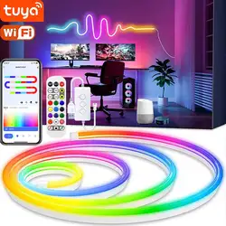 TUYA Neon LED Strip Lights 5V Neon Rope Light 1M/2M/3M 84leds/M con Music Sync RGBIC Dreamcolor Chasing Strip Tape Lighting