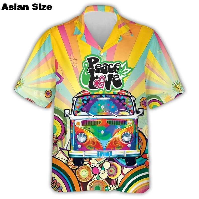 남성용 다채로운 히피 버스 자동차, 부드럽고 통기성 있는 가슴 포켓, 캐주얼 하와이안 셔츠, 단추 상의, 평화와 사랑 프린트, 여름