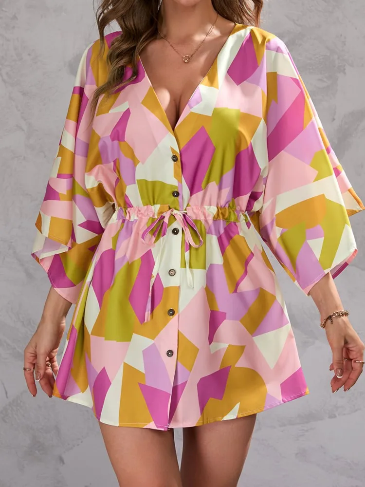 Sukienka plażowa z nadrukiem, damska, modne rękawki 3/4, dekolt w serek, wysoki stan, zapinana na guziki, wiązana, luźna mini sukienka dla kobiet, codzienna, wakacyjna, w stylu boho, nowa.