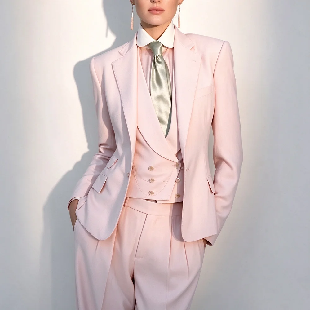 Fashion Light Pink Women Suits Slim Fit Peak Lapel One Button Lady Outfits Three Pieces Blazer Vest Pants Sets Customized