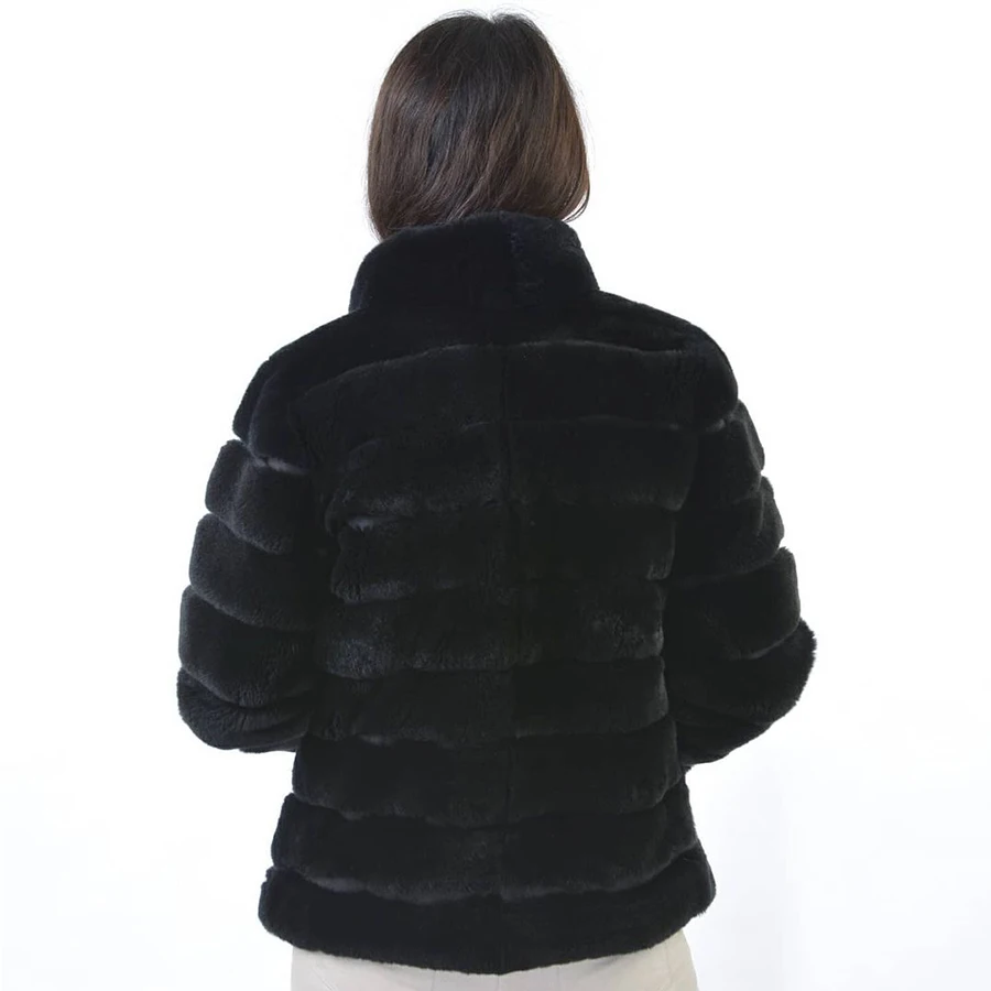 Women Natural Rex Rabbit Fur Coat With Stand Collar Winter Hot Selling Real Rabbit Fur Coats Black Short Fur Jacket