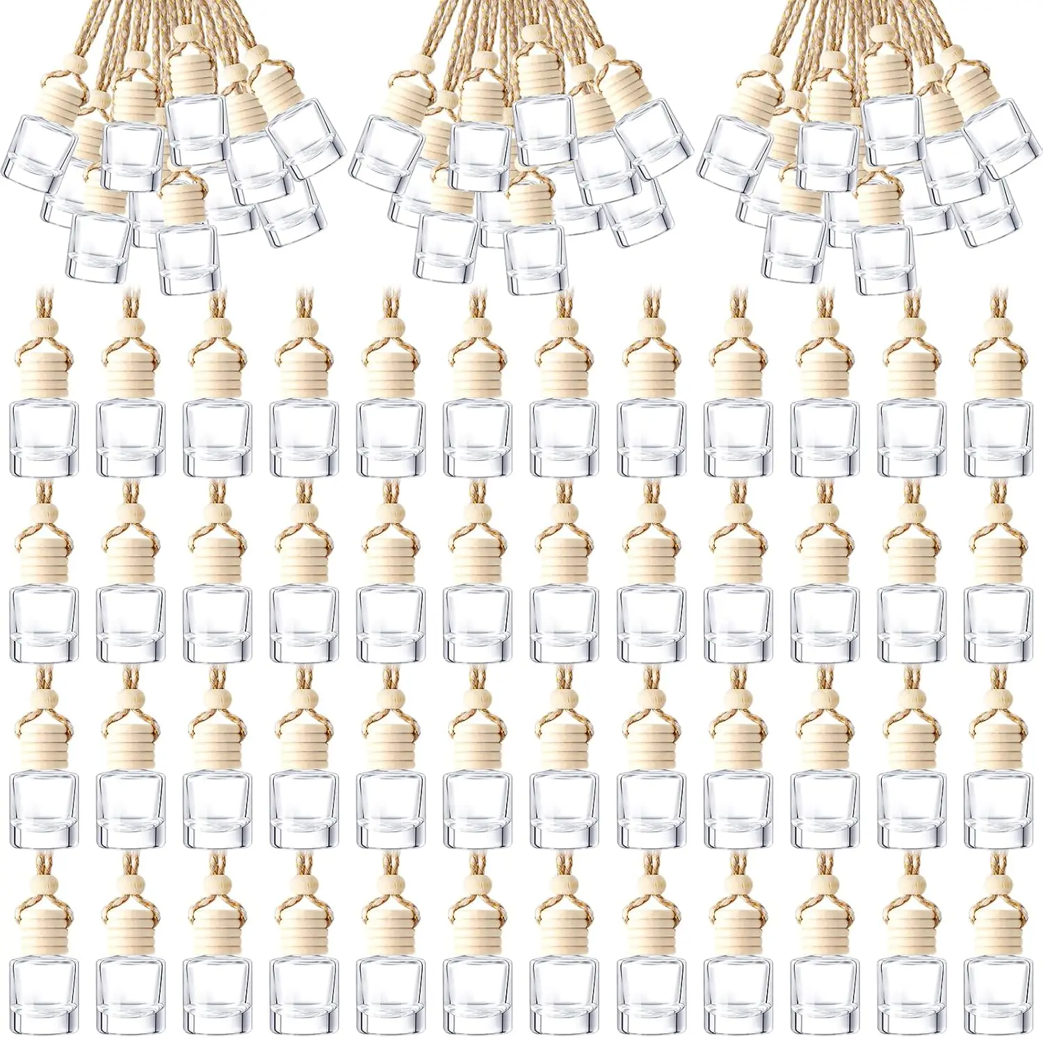 

200 Pcs Clear Glass Hanging Car Diffuser Bottles with Wooden Cap for Essential Oils Aromatherapy Ornament