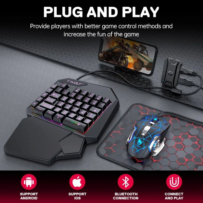Gaming Keyboard Set One Hand Keyboard Mouse Converter Mobile Game Converter Backlight Mobile Controller Gamer Accessories TF900