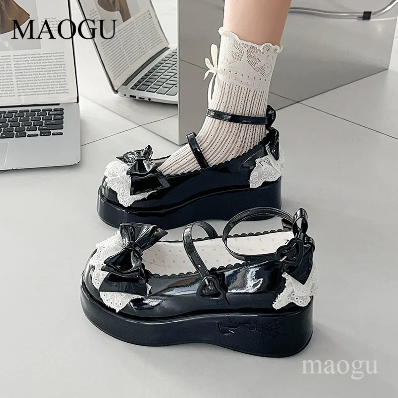 Women's Sweet Lolita Platform Mary Janes Lace Bow Buckle Chunky Sole Pumps Kawaii Dress Shoes for Cosplay Girls Туфли Мэри Джейн - view 6