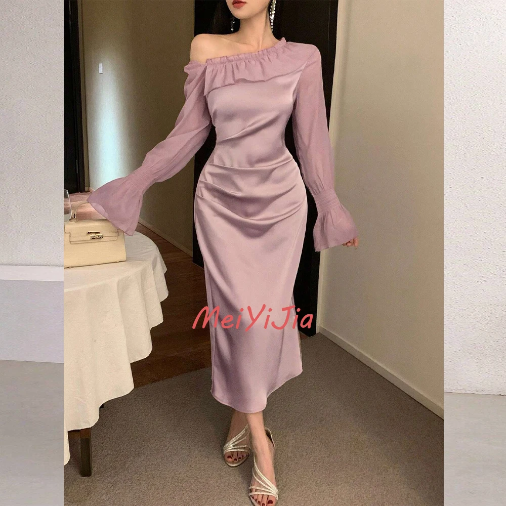 MeiYiJia Simple One-shoulder Ruffle Crepe Long-Sleeves Ankle-Length Saudi Arabia Sexy Evening Birthday Club Outfits Summer 2024