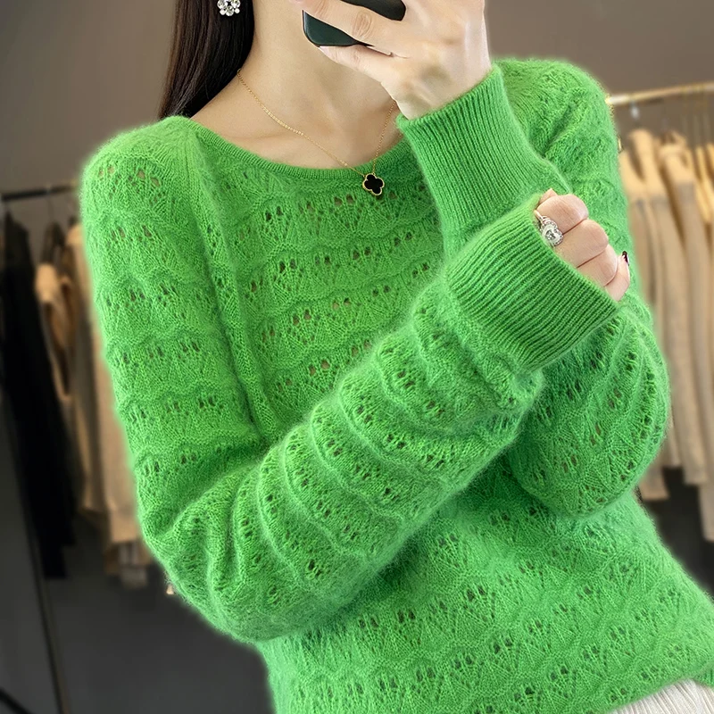 Autumn and Winter New Mink Cashmere Sweater Women\'s Loose Knit Pullover Low O-Neck Fashion Hollow-Out Long Sleeves Hot Jumper