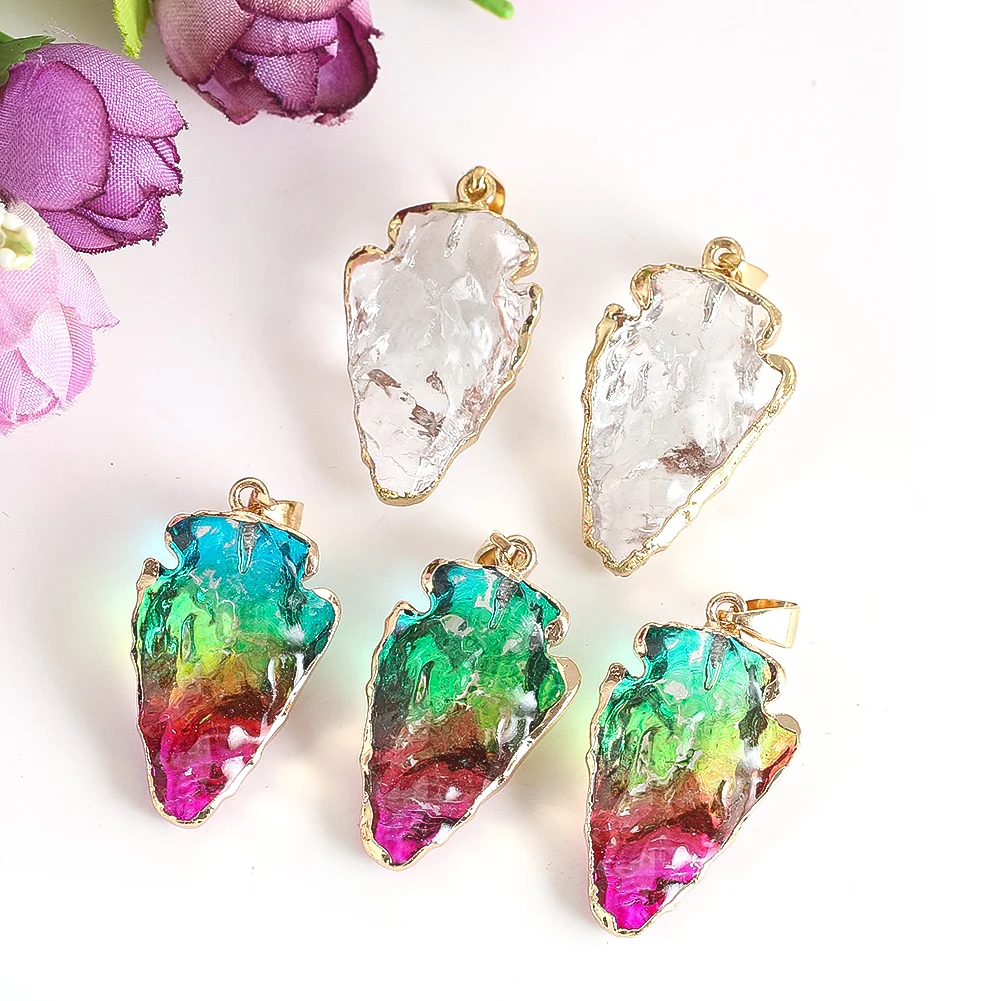 

Natural Raw Stone Crystal Pendant Transparent Coloured Crystal Arrow Gilt Edge Necklace Simple Versatile DIY Jewellery Pendant