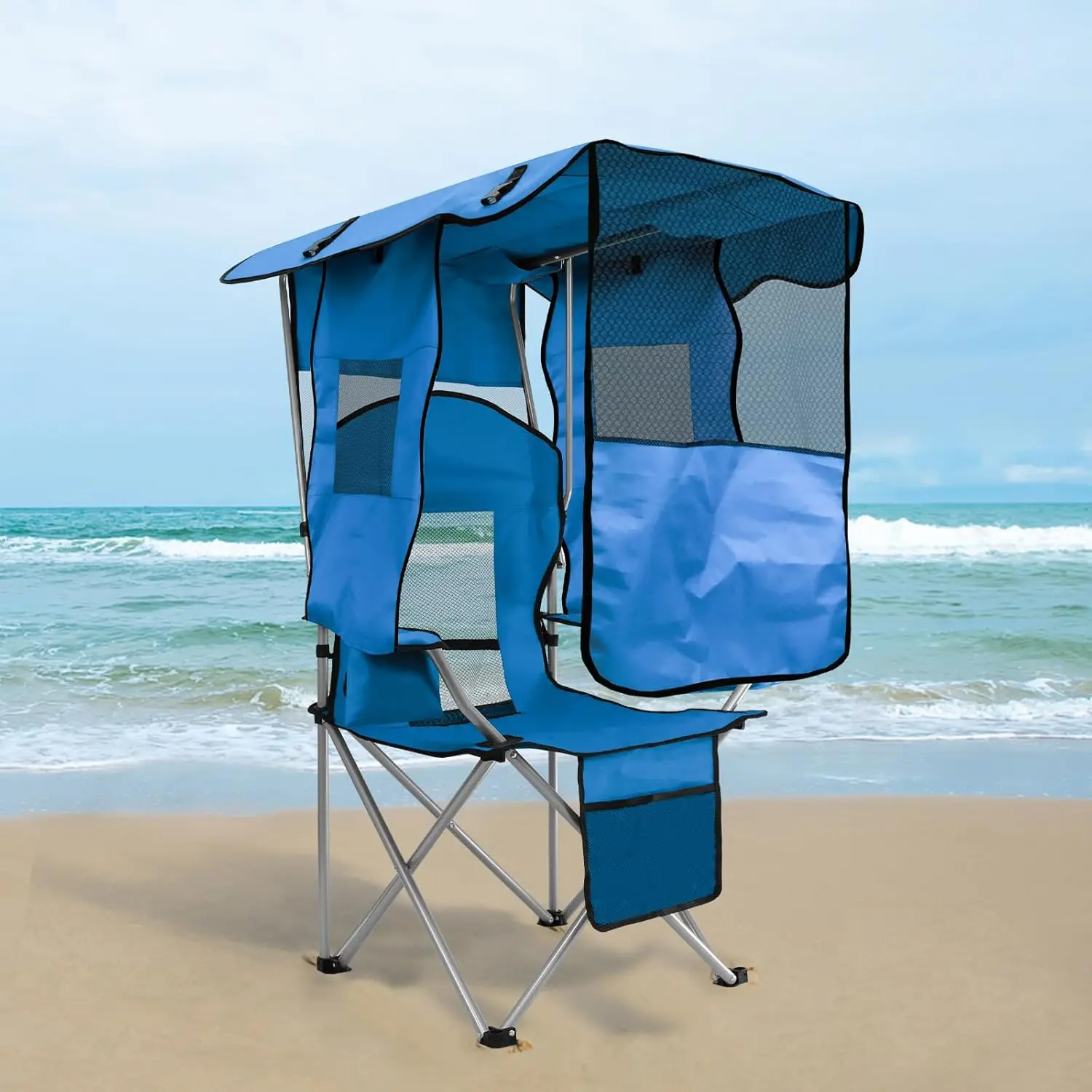 

Folding Beach Chair with Canopy, Cup Holders & Cooler Bag - Blue