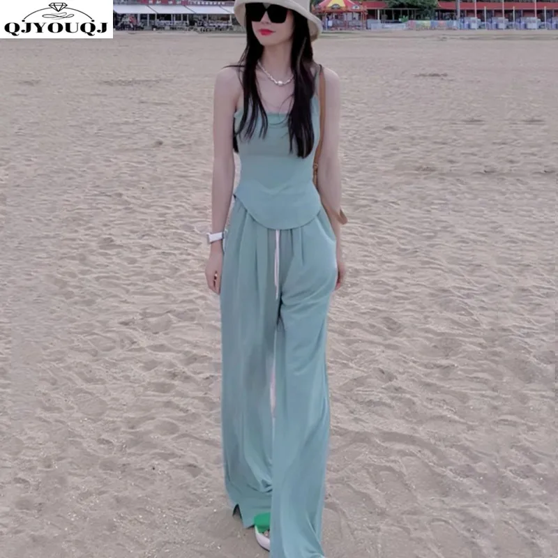 Hong Kong style fashion suit women's summer new camisole vest+slim fit high waist split wide leg pants two-piece set