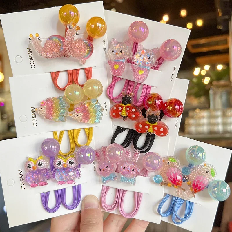 

2Pcs/Set Cartoon Owl Hair Rope For Girls Snail Elastic Hair Band Rabbit Rubber Bands Cute ladybug Hair Tie Kids Accessories