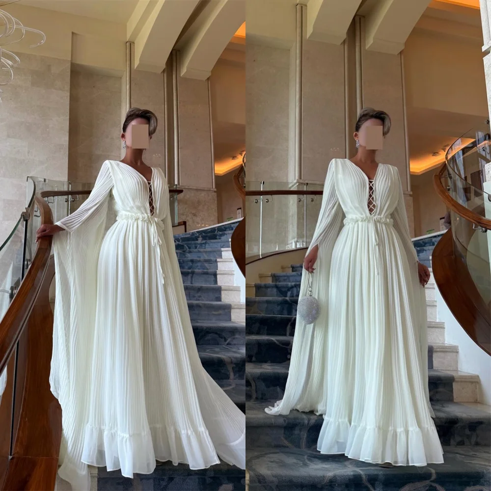 

Customized Exquisite White Chiffon Evening Dress Temperament V-Neck Long Sleeves Ruched Belt Sweep Train Special Occasion Gowns