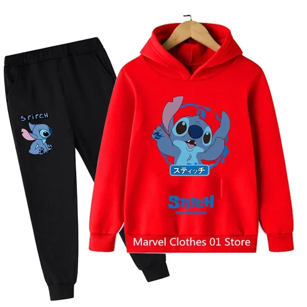 Kids Hoodie Set Disney Stitch Brand Prin Boys Cute Top+Trousers 2P Girls Baby 3-14 Years Old Holiday Gift Jogging Casual Clothes