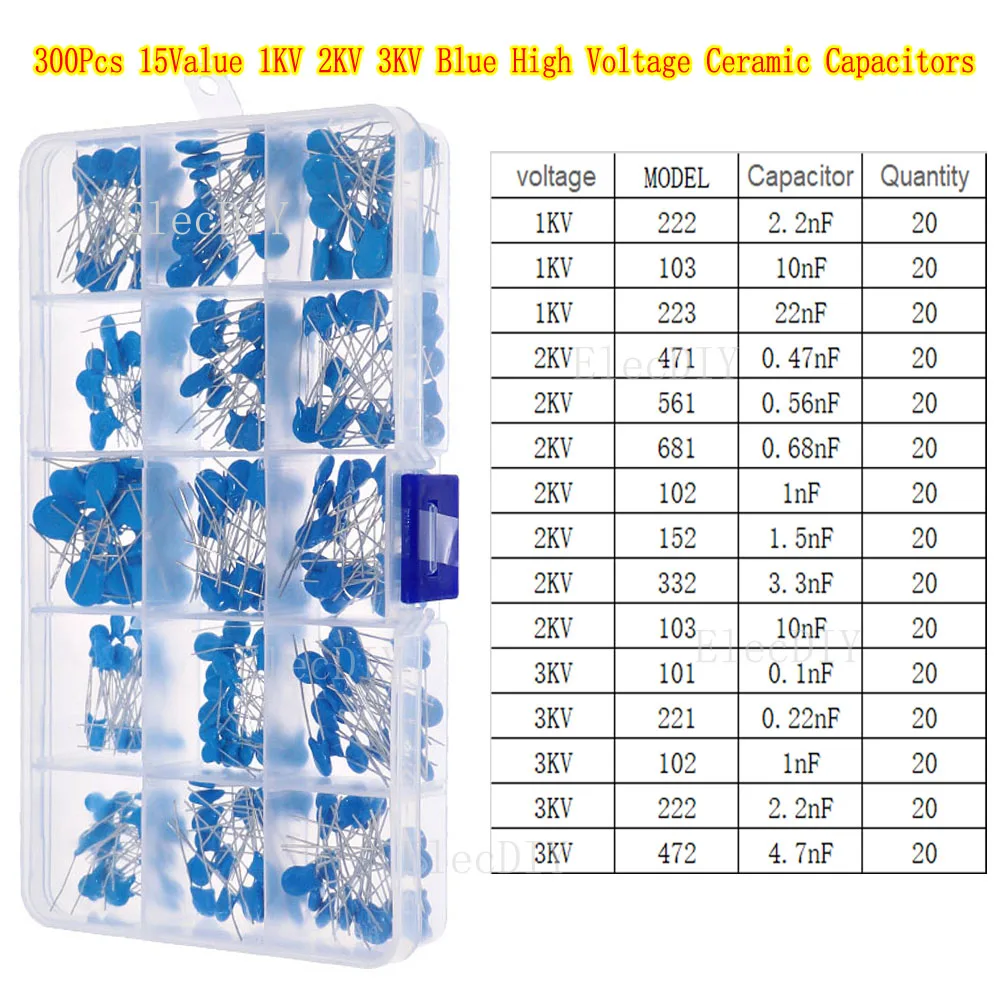 300 Stuks 15 Waarde 1KV 2KV 3KV Hoogspanning Keramische Condensatoren Assortiment Kit 102 222 103 223 471 681 102 152 332 101 221 222 472 103