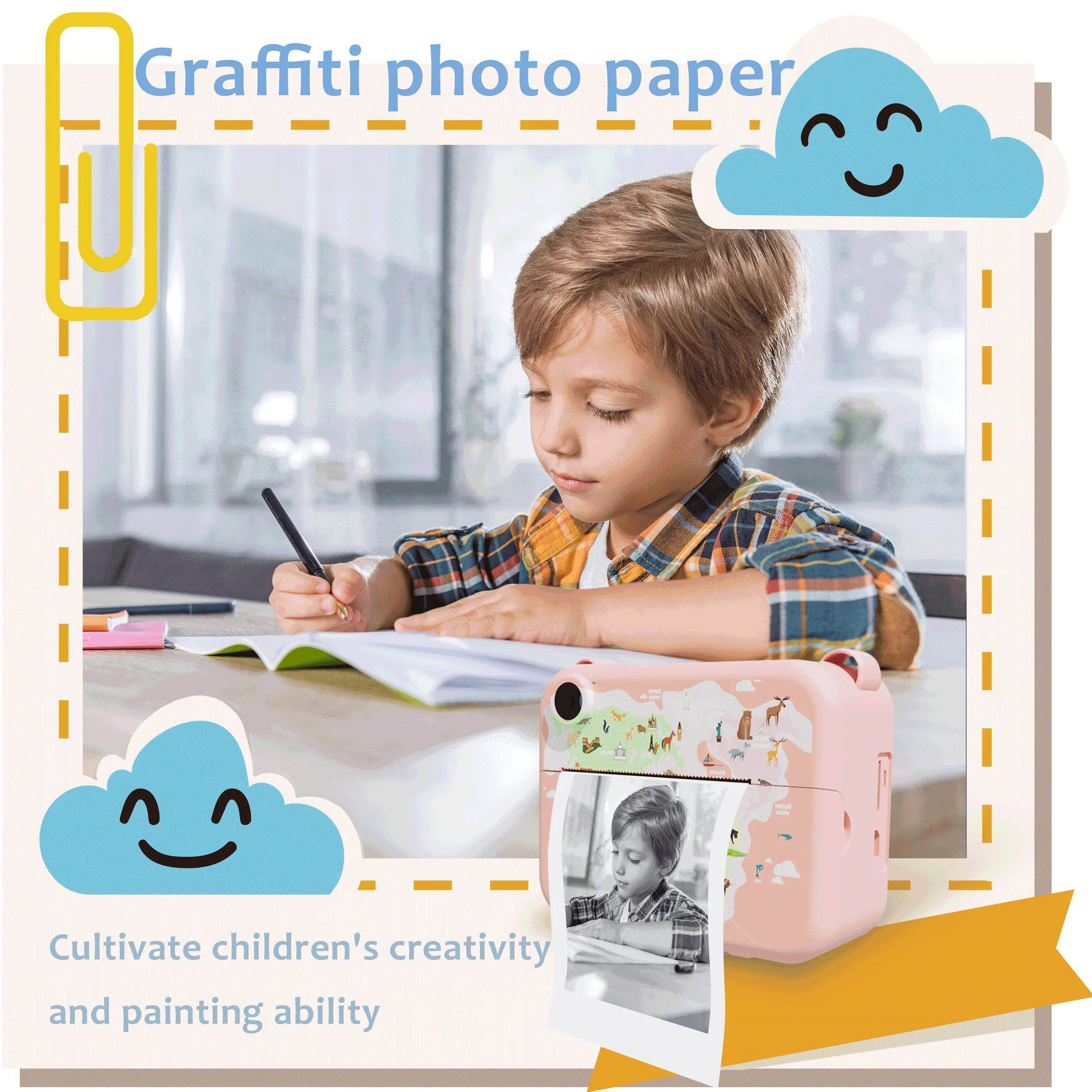 Instant Print Camera, Digital Zero Ink Camera with 3 Rolls of Printing Paper, Christmas Halloween Gift for Girls and Boys