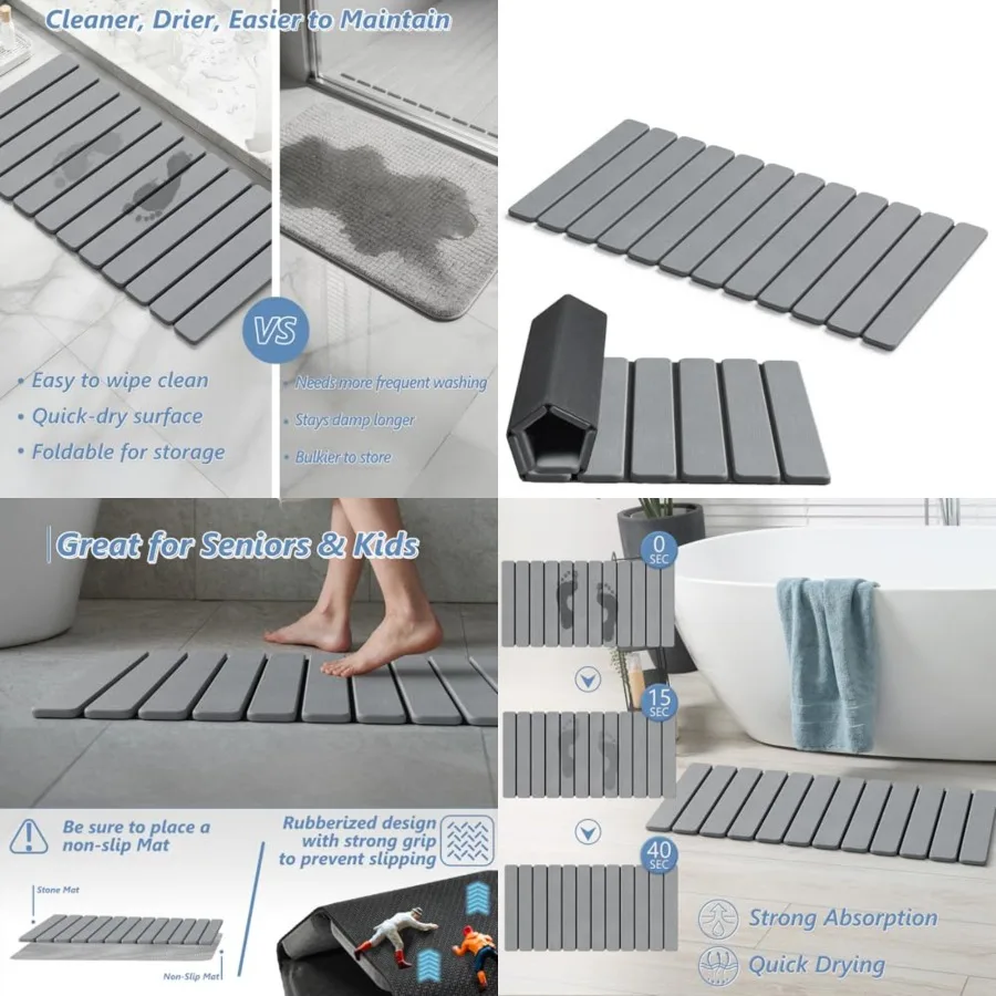 

Foldable Stone Bath Mat, Quick Dry Diatomaceous Earth Bath Mat with Non-Slip Mat, Super Absorbent, Easy to Clean, Compact for S