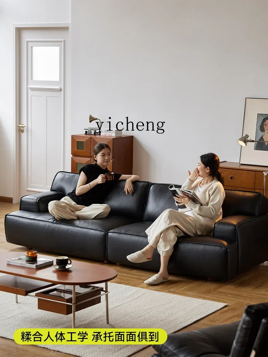 

S1 leather sofa leather first layer cowhide living room high-end Italian minimalist straight row villa black sofa